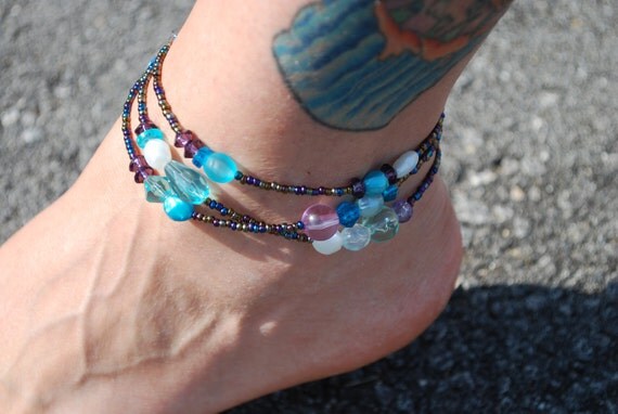 Beaded Anklet in Cool Colors - OOAK