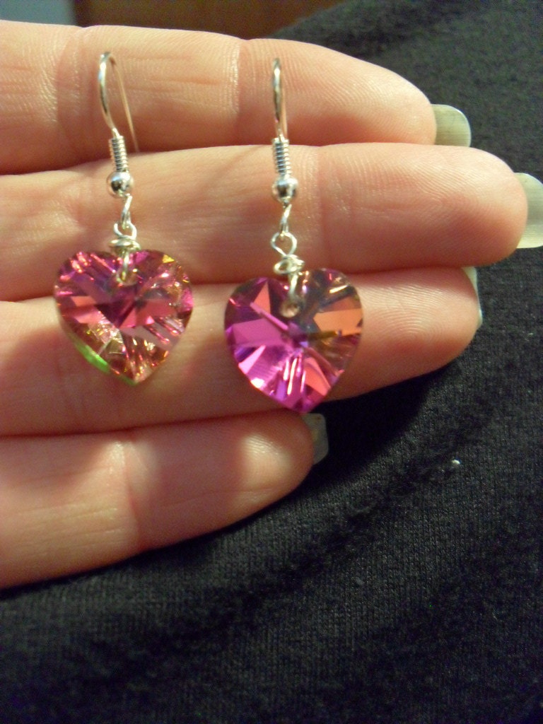 Silver and Pink Crystal Hearts earrings