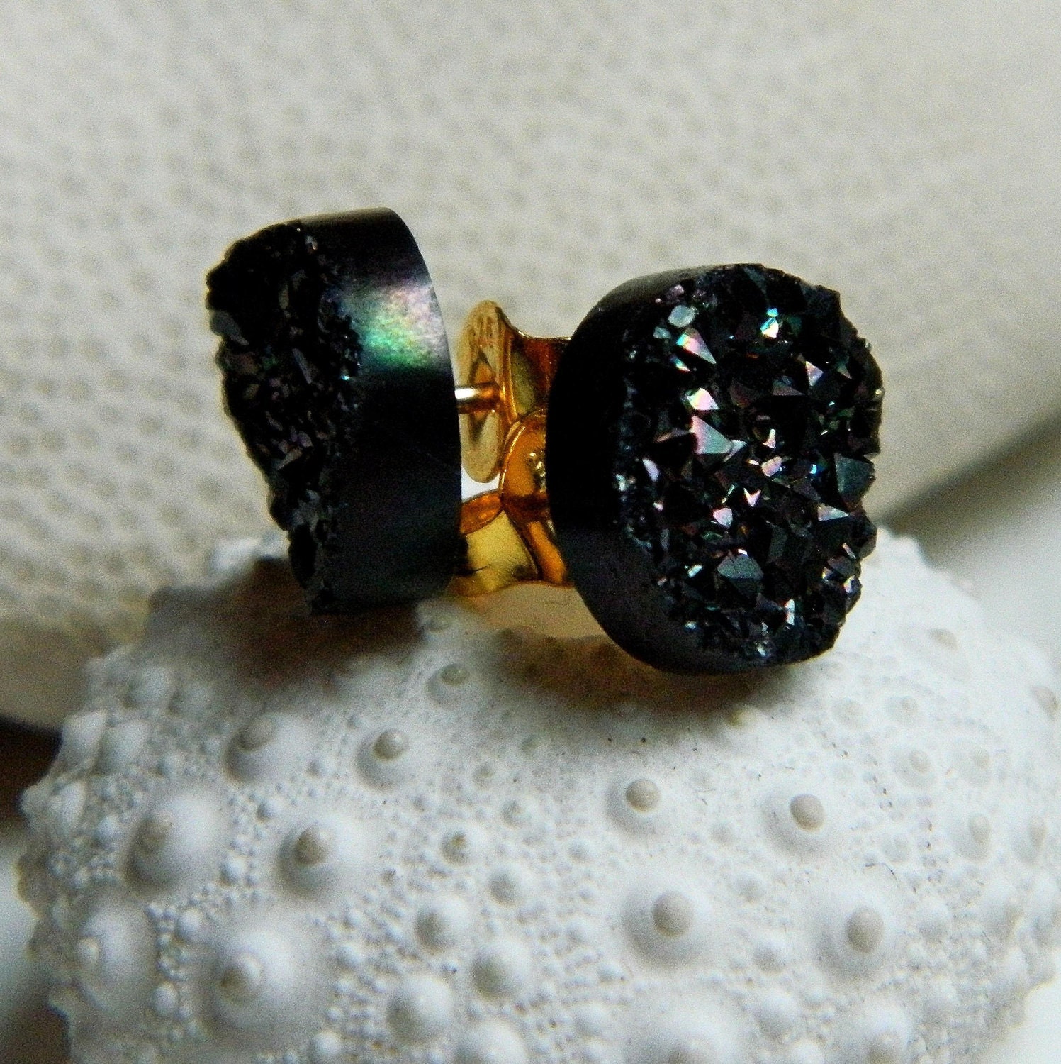 Midnight Black Titanium Drusy / Druzy Quartz Studs on 14K Gold Filled posts Earrings