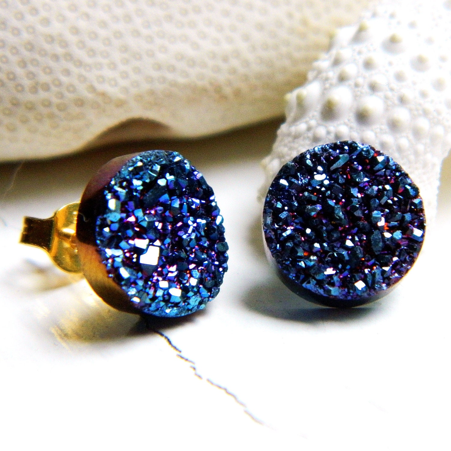 Royal Blue Titanium Drusy / Druzy Quartz Studs on 14K Gold Filled posts Earrings