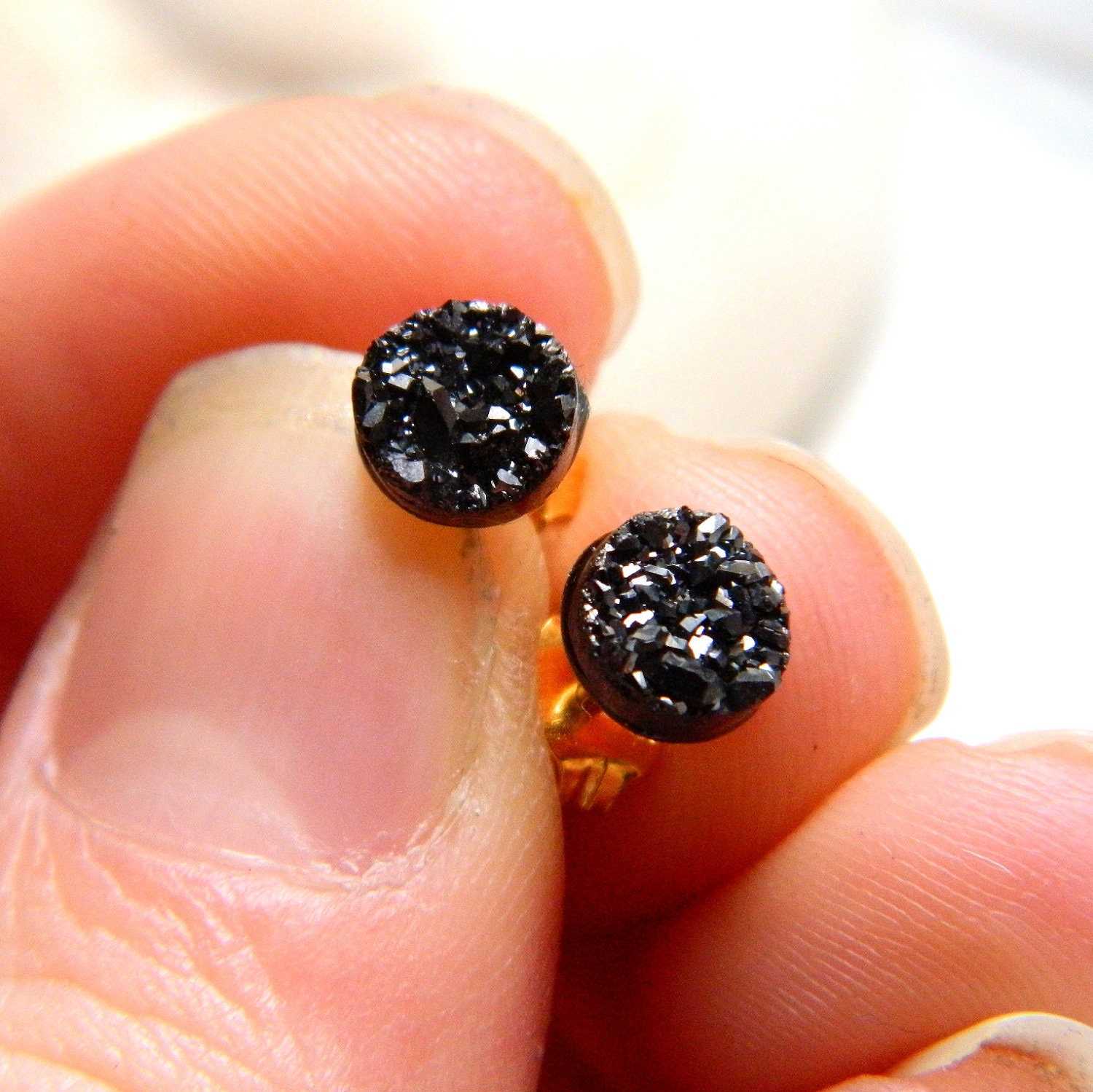 Mini Midnight Black Titanium Drusy / Druzy Quartz Studs on 14K Gold Filled posts Earrings