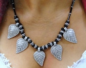925 Sterling silver leaves necklace with black onyx beads - 7625
