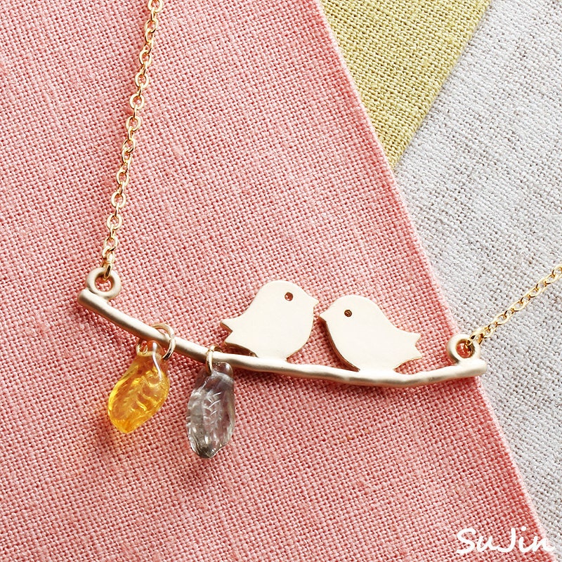 10%SALE) Love Birds on a Branch, Yellow and Gray Glass Beads, Necklace