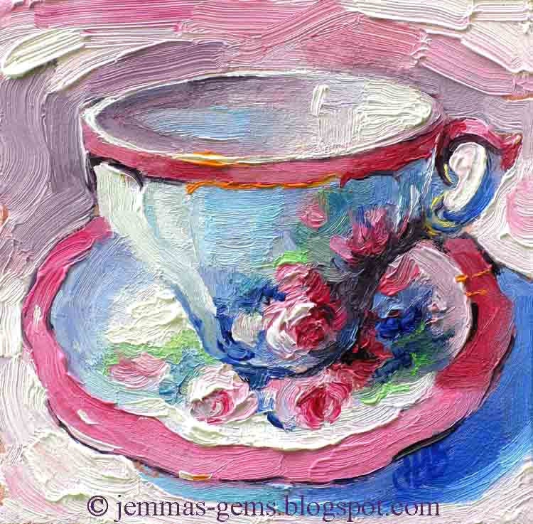 rose by Cup Oil vintage Tea Cup Rose JemmasGems Tea Painting  Original Antique cups
