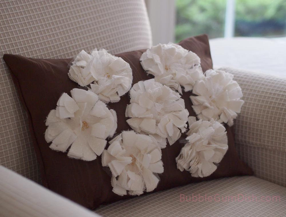 Fabric Flowers Pillow Cover Shabby Chic Decor Beaded Flowers Lucky 7 12 x 16