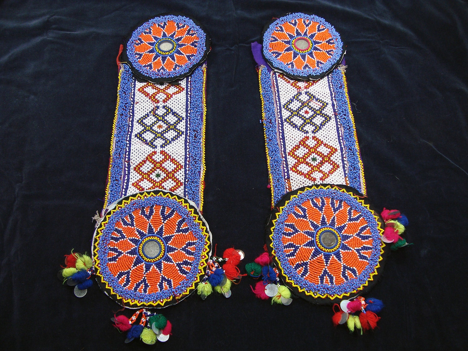 Two Pair of Vintage Afghan Large Tribal Beaded Medallions Gul