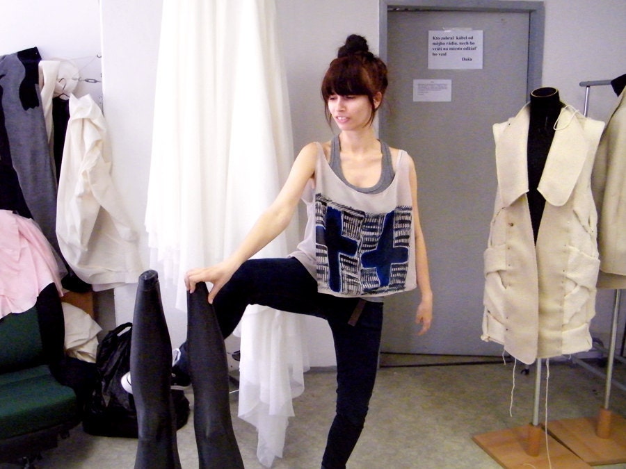 Inverted Cross Printed Sheer Tank Top Occult Shirt Hand Print Geometric Abstraction Crop Top Black and Blue Print Striped Beige Chiffon