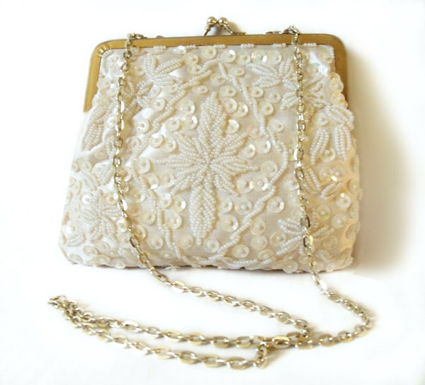 Vintage Evening Bag: Cream White Beads With Sequins Made In Hong Kong