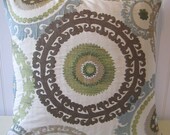 Blue Brown Suzani Decorative Pillow Cover--20 x 20 Gorgeous Throw Pillow--Slate Blue, Green, Taupe, Cream, Brown