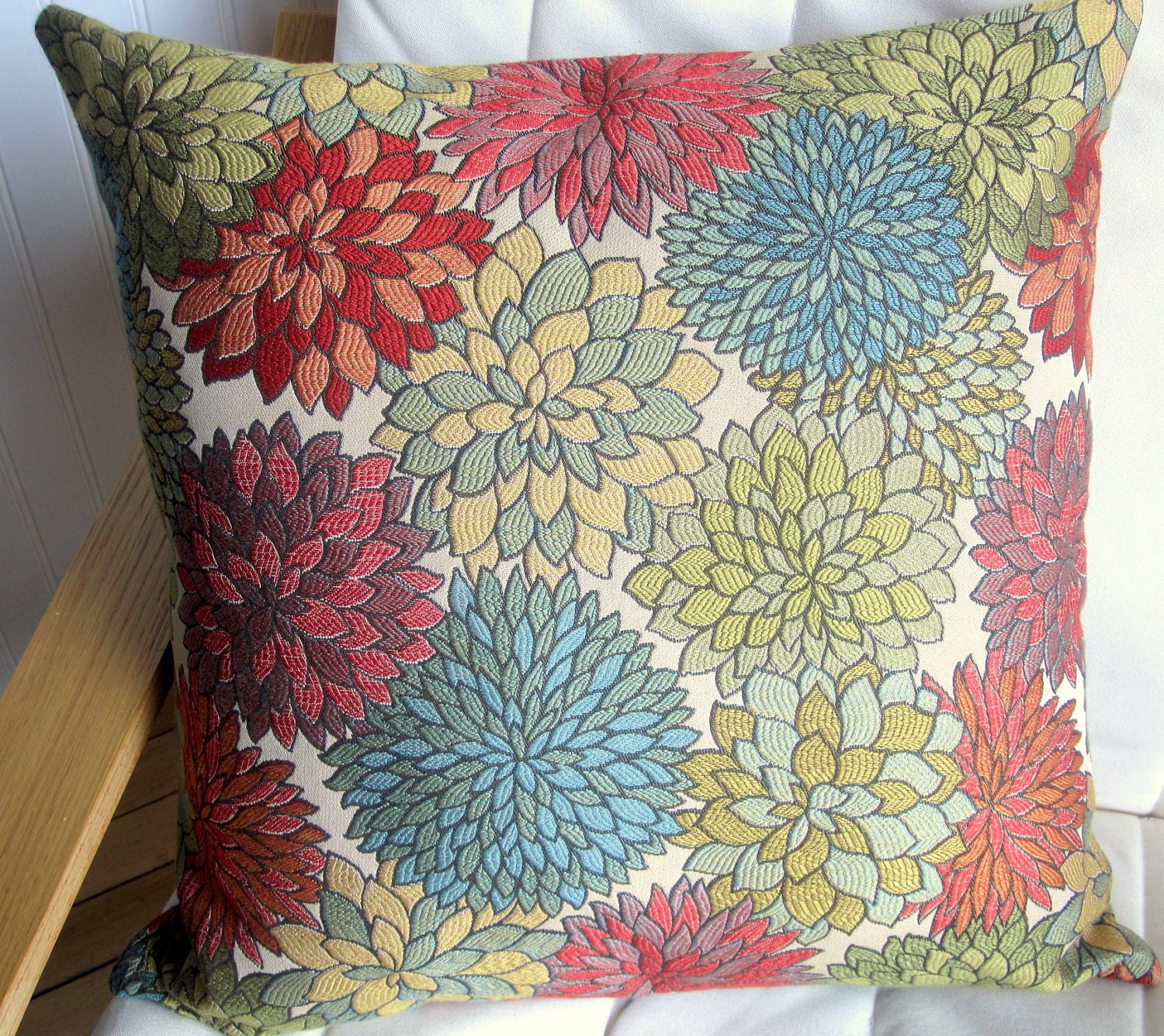 Decorative Pillow Cover- 20x20--Multi-Colored Floral wih Green, Red, Blue, Gold, Orange, Purple and Beige