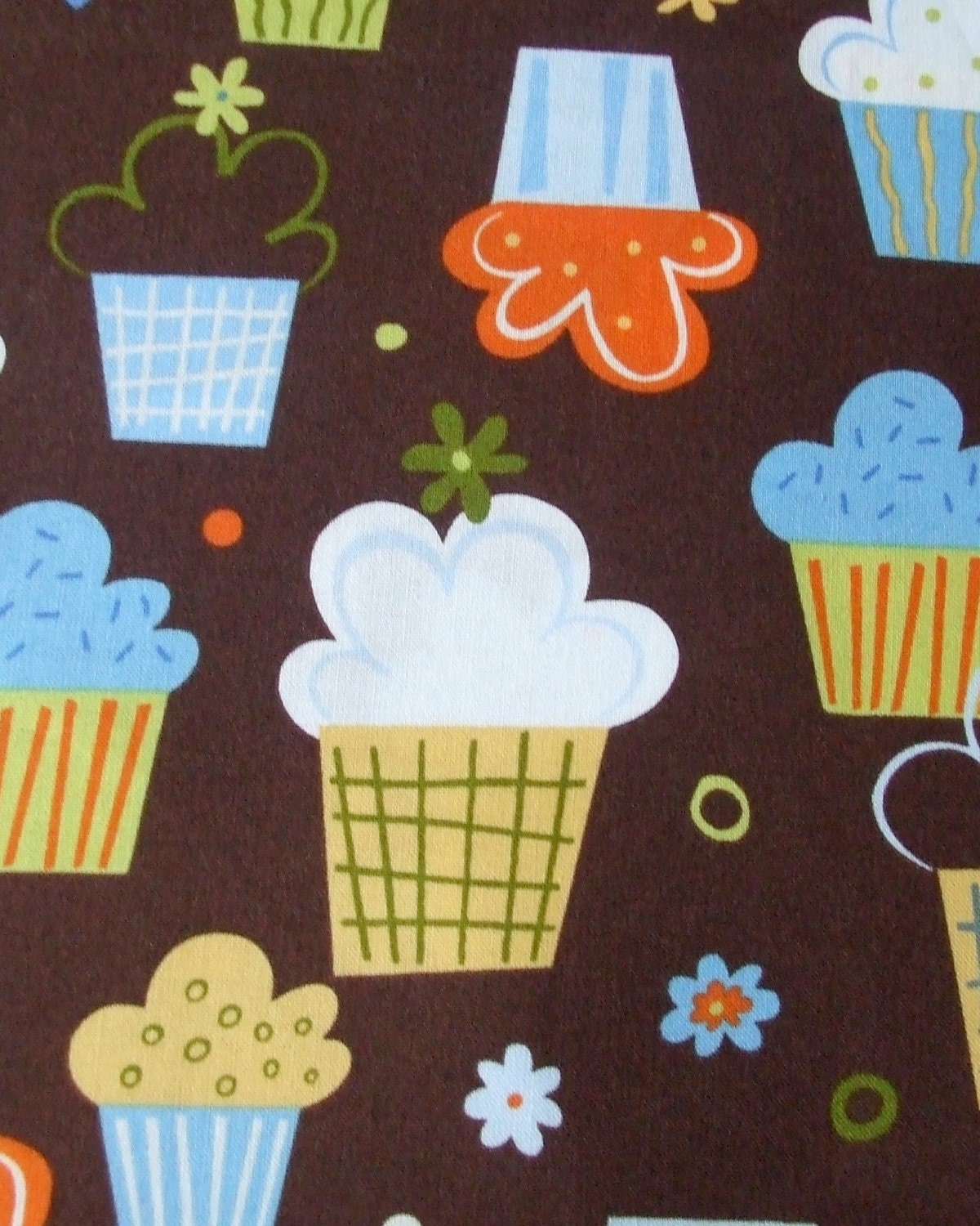 SALE - Confections - Amy Schimle - Blueberry - Blue Yellow ORage Cupcakes on Brown Robert Kaufman - 1 Yard available