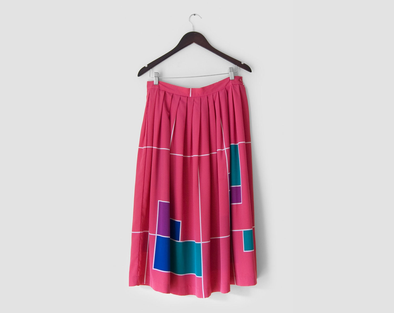 Vintage: midi skirt, pleated skirt, pink skirt, high waisted skirt, long skirt, pattern skirt, bright skirt, geometric skirt, 80s skirt m l