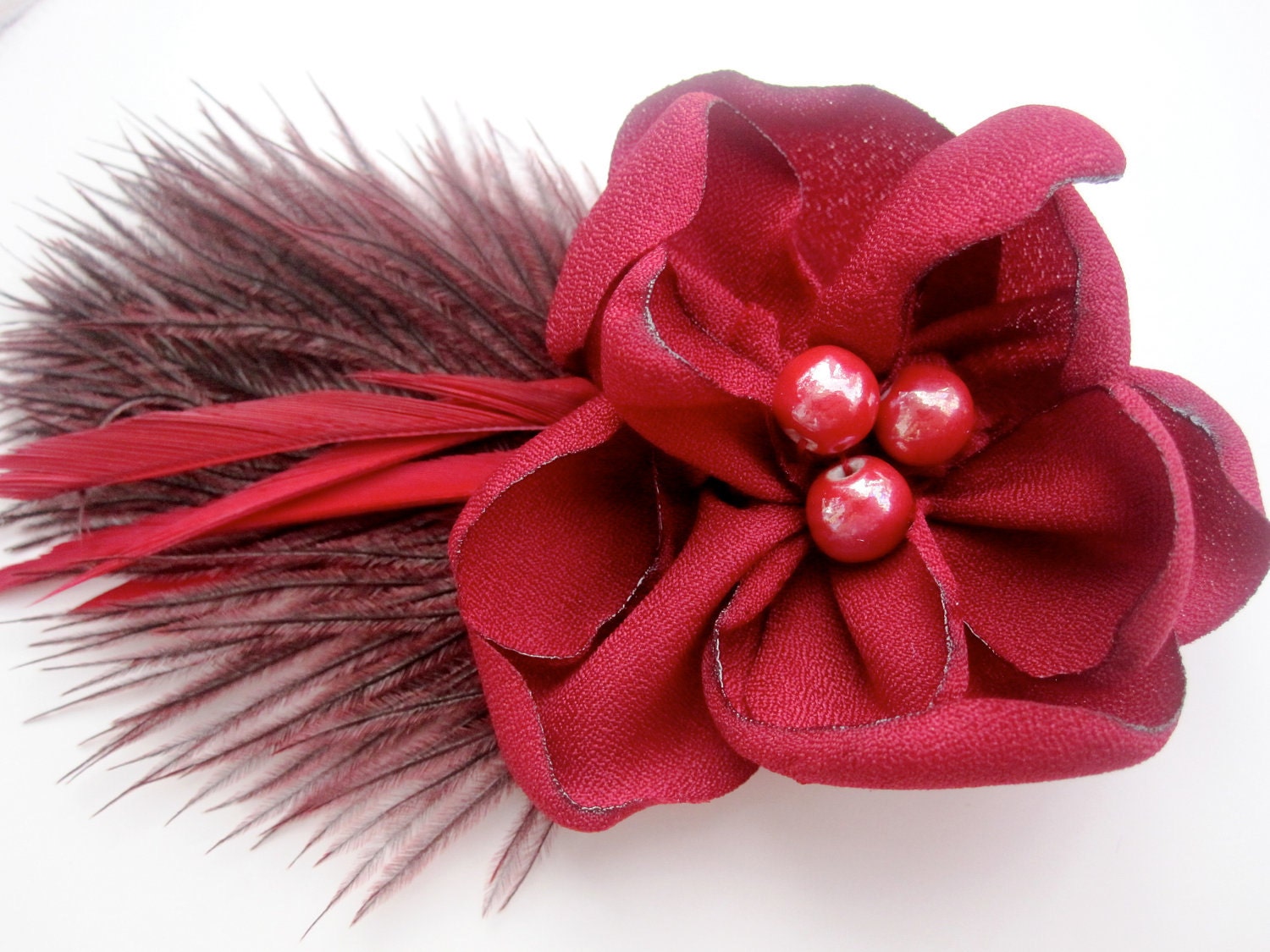 Red flower fascinator, ladies gift, dark red feathers & red beads