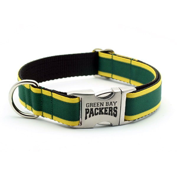 Green Bay Packers Dog Collar with Laser Etched Aluminum buckle