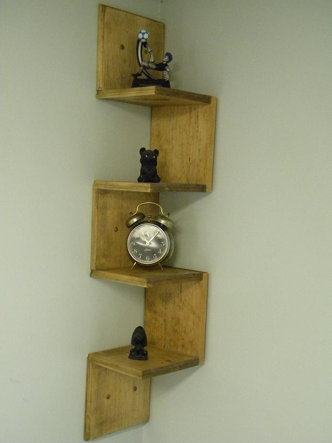 Wall mounted corner shelf Retro walnut stain