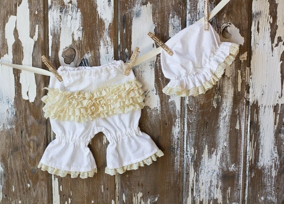 Ruffle Hat and Bloomer Set in Light Yellow and White Polka Dots