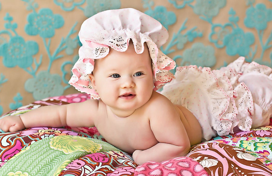 Ruffle Hat and Bloomer Set in Pink and White Polka Dots