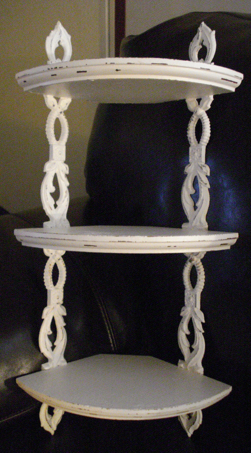 Vintage distressed shabby wooden corner tiered shelf