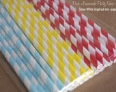 SNoW WHiTe InSpired MiX -Paper Straws 25ct--red, yellow and powder blue stripe with Free Printable Flags