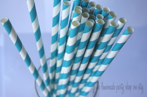 PeaCoCK BLue & WHITE Stripes---Paper Straws---25ct with Free Printable diy Flags Il_570xn