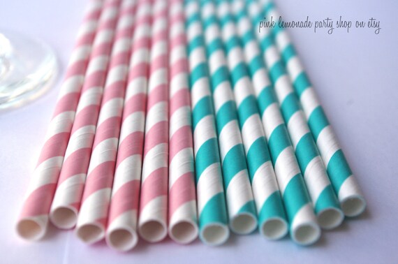 BUBBLEGUM PINK & Aqua Mix--Paper Straws--25ct with Free Printable diy Flags Il_570xn
