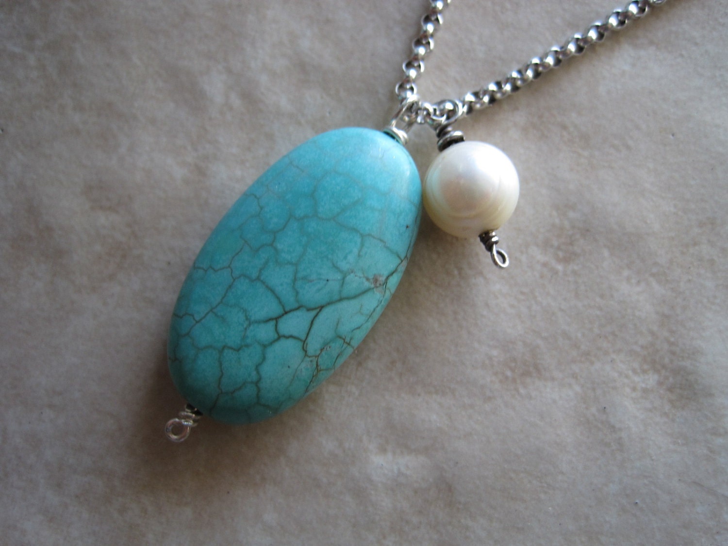 Turquoise Magnesite floating pearl silver pendant necklace- Forever Young