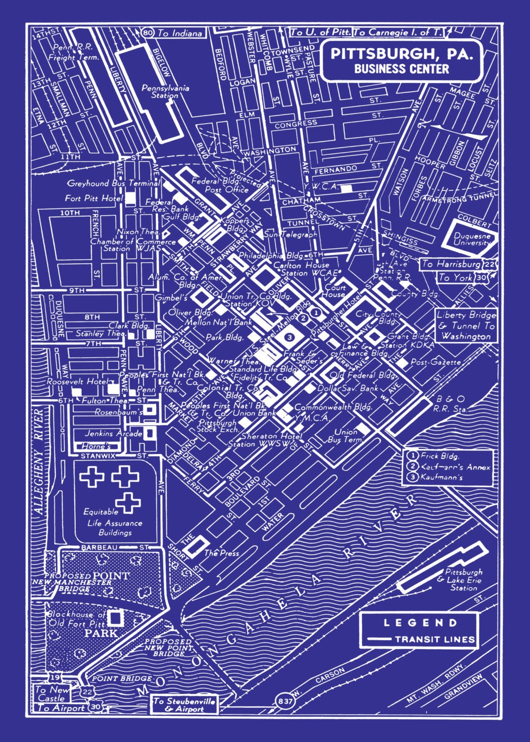 1949 Vintage Map of Downtown Pittsburgh 20x30 by seashoreprints