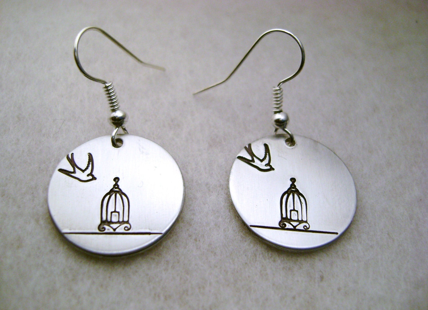 Metal Stamped Dangle Earring - Birdcage and Bird