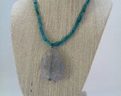 Caribbean Daiquiri Necklace - Aqua Dyed Fire Agate Tear Drop Pendant and Teal Bamboo Coral Beads