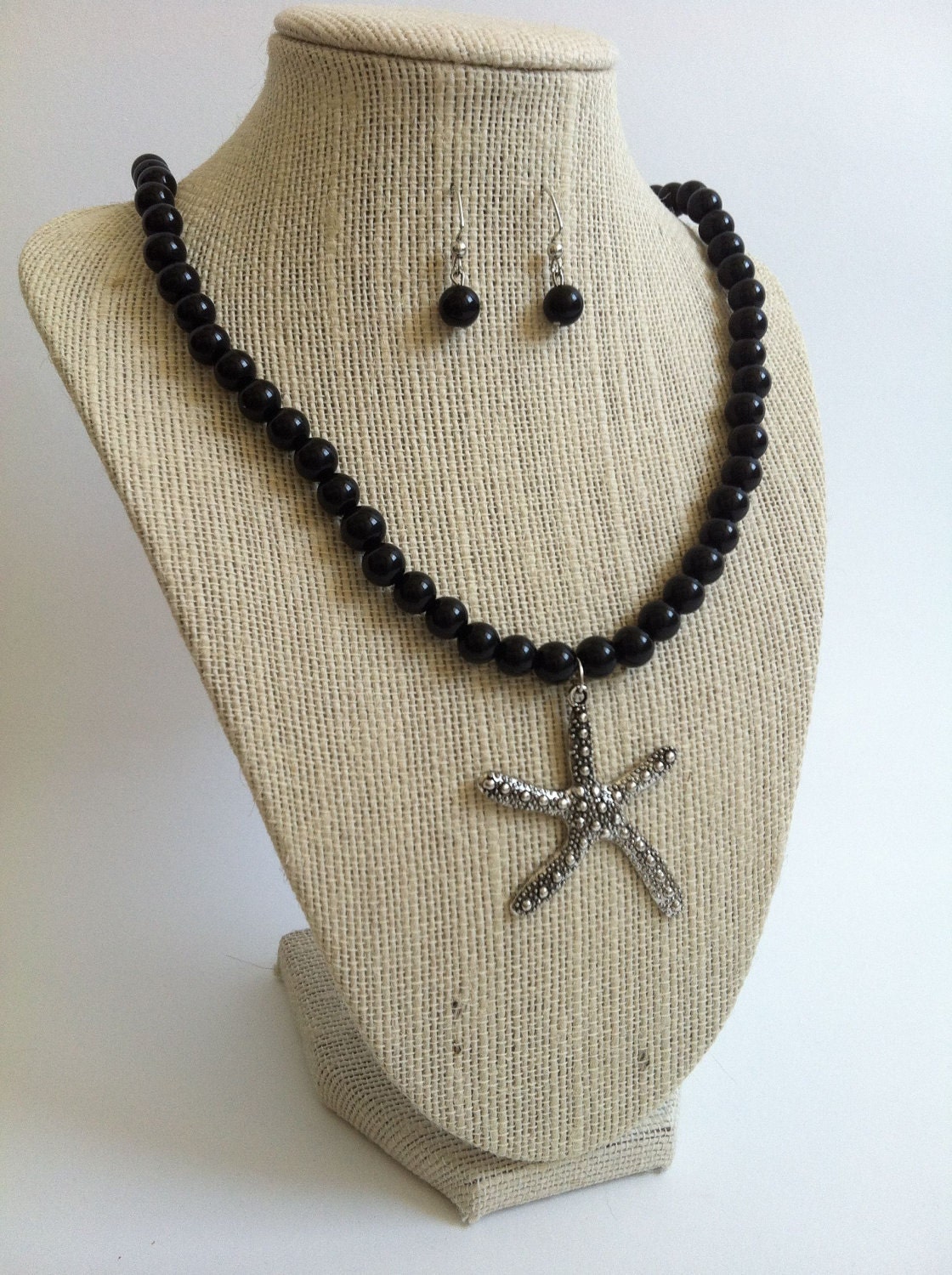 Silver Sugar Starfish Pendant and Black Glass Bead Necklace and Earring Set