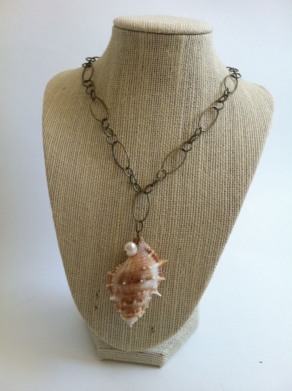 Seashell and Pearl Necklace - Crown Conch Shell, Freshwater Pearl and Bronze Chain Necklace