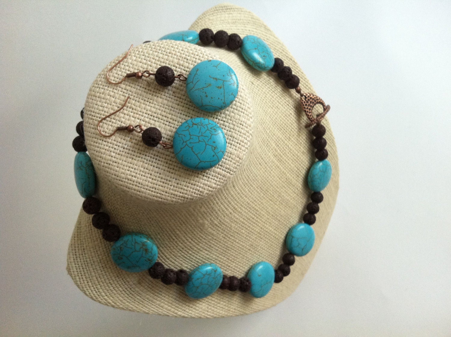 Turquoise and Brown Lava Beaded Necklace and Earring Set