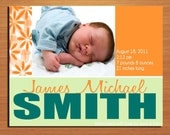 Customized Printable Baby Birth Announcement / Green and Orange / DIY