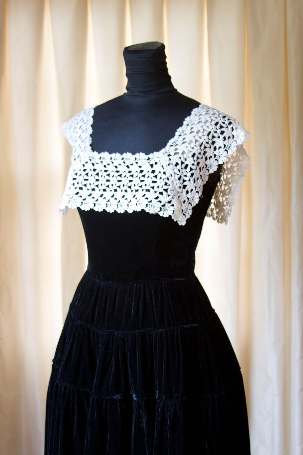 1940's 1950's Emma Domb Black Silk Velvet and White Lace Formal Gown