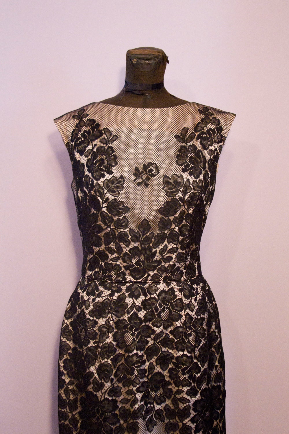 1950's Lillie Diamond Black and Pink Illusion Lace Wiggle Cocktail Dress