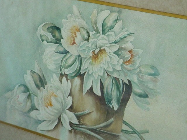 Victorian Painting Peonies Huge Gilt Framed Original Water Color Seafoam and White 34 x24