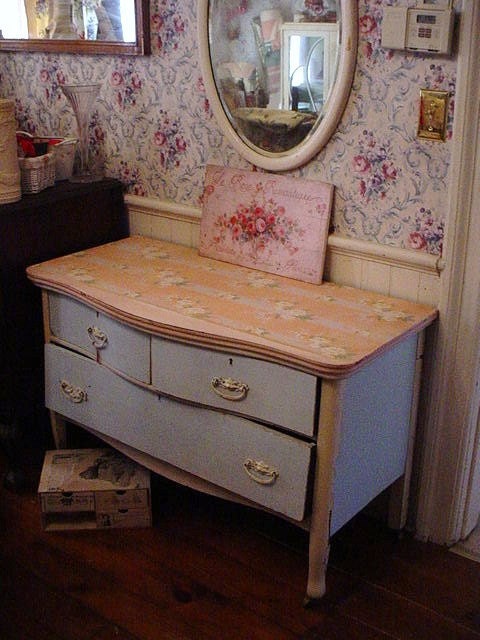 Antique Dresser Painted Oak Vintage Roses Wallpaper Shabby Cottage Chic Prairie Pale Blue