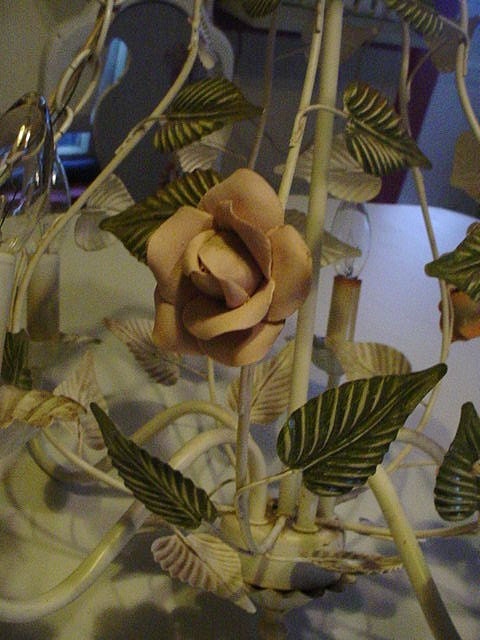 Vintage Italian Tole Chandelier Roses Porcelain 5 Arm Cottage Chic Lighting