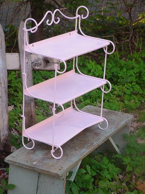 Vintage Painted Metal 3 Tier Scrolly Shelf Pink Shabby Cottage Chic Bathroom