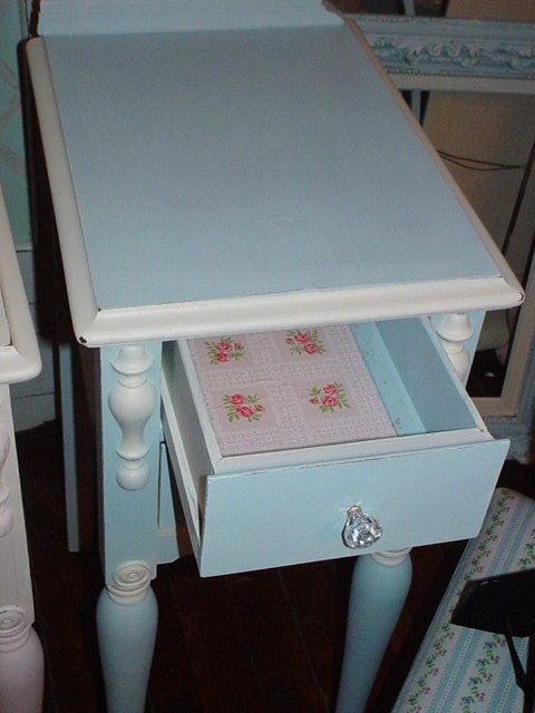 SALE Vintage Pair 1930s Nightstands Vintage Roses Wallpaper Glass Knobs Pink and Blue Cottage Prairie Chic Furniture