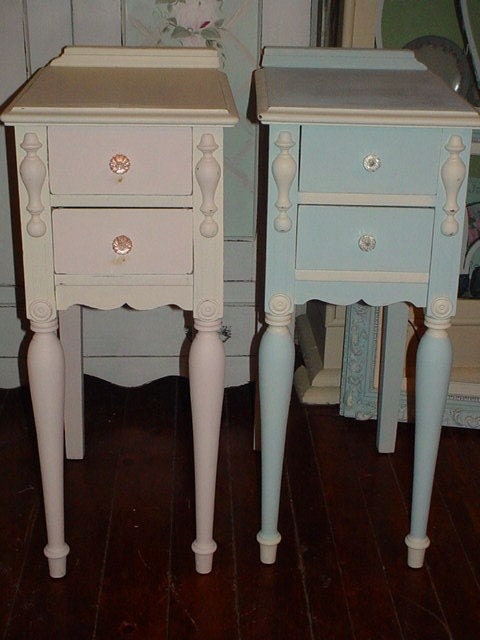 SALE Vintage Pair 1930s Nightstands Vintage Roses Wallpaper Glass Knobs Pink and Blue Cottage Prairie Chic Furniture