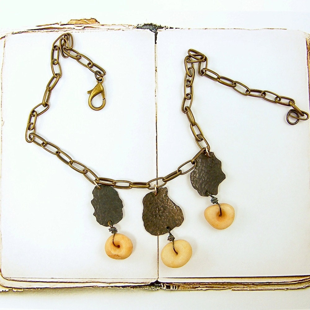 Rustic Brass Necklace - Rock Jewelry Natural Stone Brown Tan Hammered Metal jewelry