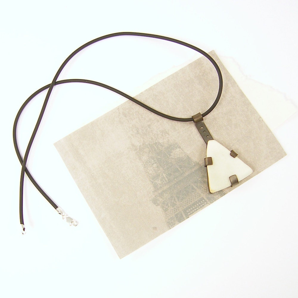 Black White Necklace - Pottery Shard Pendant Reclaimed Found Object Cream Off White Upcycled Recycled Recycle