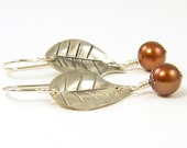 Silver Leaf Earrings with Brown Pearls - Sterling Silver Jewelry