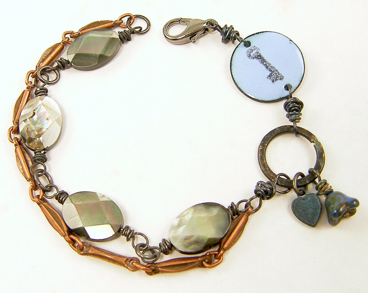 Key Bracelet with Mixed Metal Enamel Shell Bead Chain
