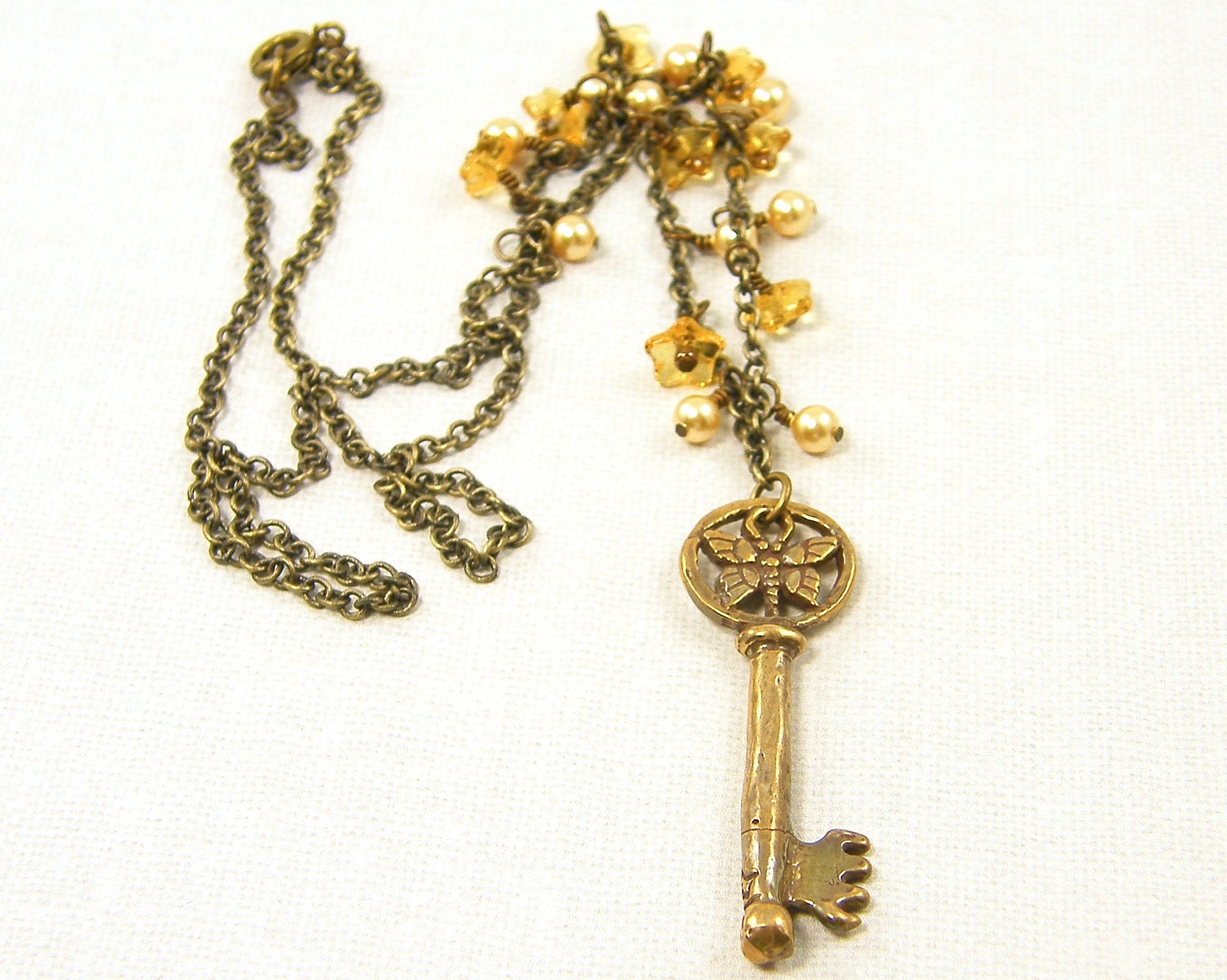 Key Necklace, Butterfly Necklace, Yellow Pearl Necklace, Key Pendant Necklace, Long Chain Fashion Necklace Under 50 for her