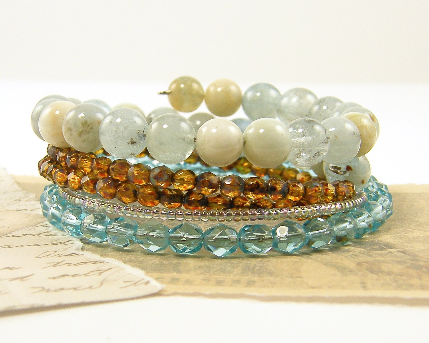 Stackable Bracelet  Aqua Gemstone - Seafoam Brown Glass Bead Stacking Bangle Bracelets Jewelry