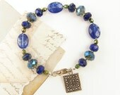Blue and Silver Bracelet, Blue Beaded Bracelet, Denim Blue Bracelet, Sterling Silver Charm on Blue Bracelet