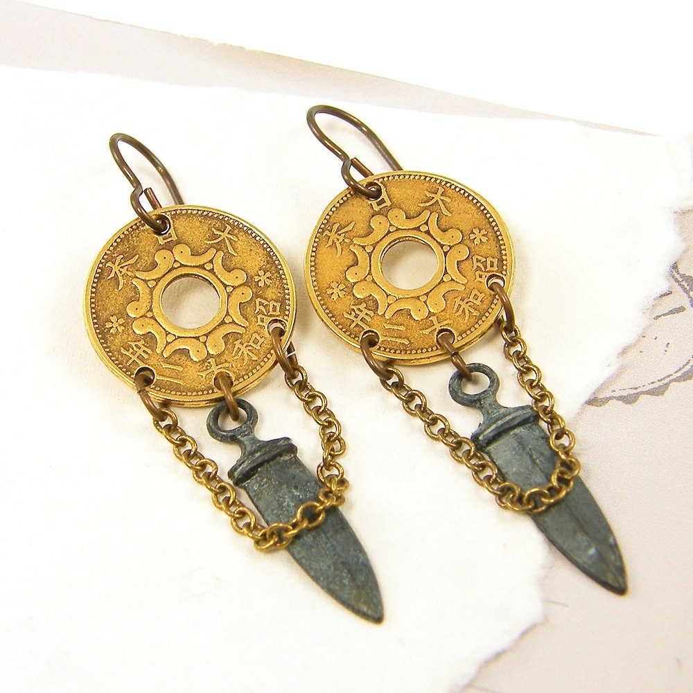 Coin Earrings on Coin Earrings Dagger Ethnic Tribal Mixed Metal Jewelry