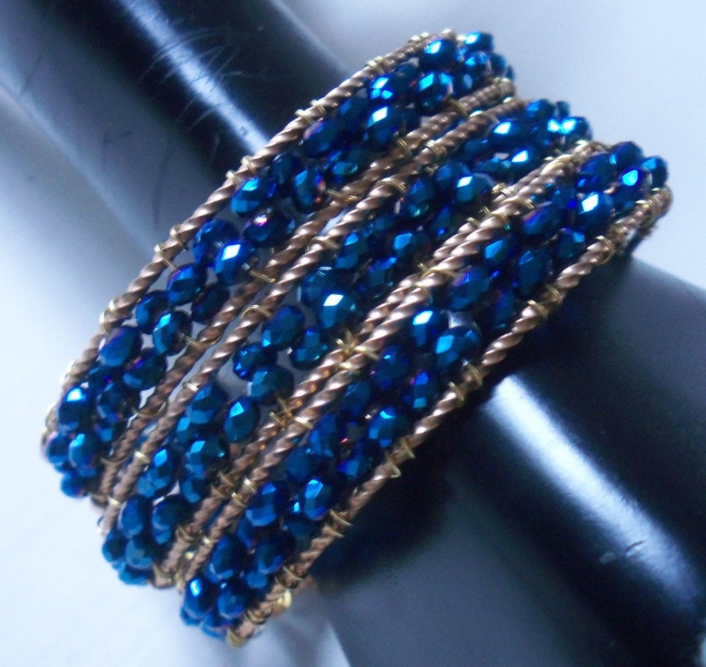 Wire Wrapped Bracelet Vintage Brass Bangle With Wire Wrapped Crystals - Indigo Blue - Perfect for Stacking Mixing And Matching